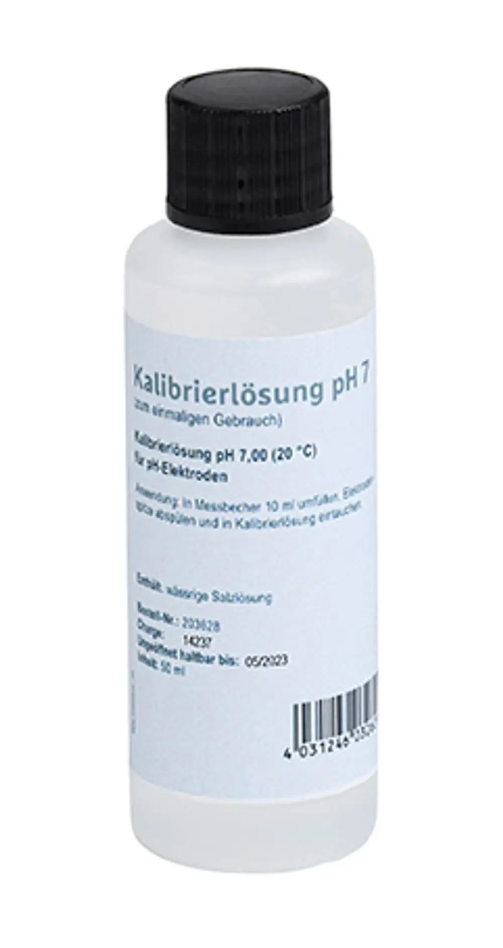Weißer Kunststoffbehälter mit schwarzem Deckel, beschriftet mit Informationen zur Kalibrierlösung pH 7 für pH-Elektroden, Hersteller Grünbeck.
